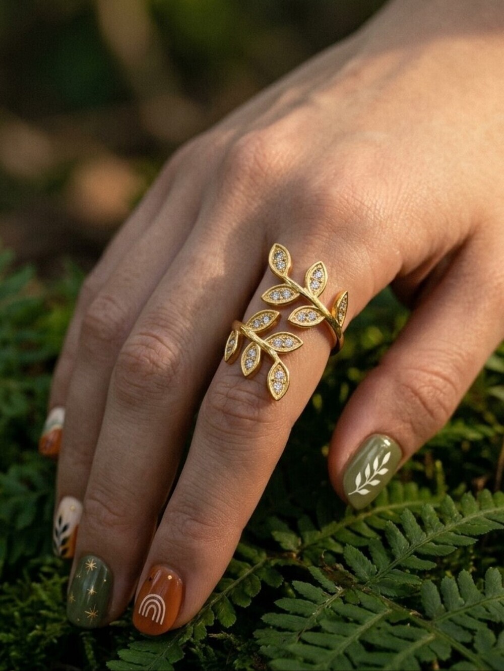 Cubic Zirconia Gold Leaf Vine Wrap Ring 18K Plated Adjustable Cottagecore 6-10